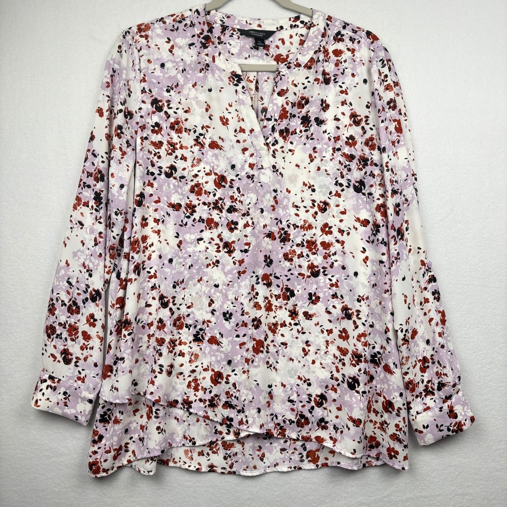 Simply Vera Vera Wang Blouse Womens PL V-Neck Floral Print Long Sleeve Pullover